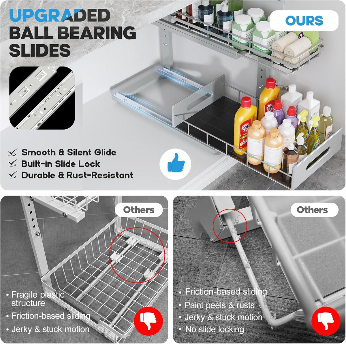 Upgrade To Professional Rails,2-Tier Dual Pull Out Cabinet Storage,Height Adjustable Slide Out Drawers For Bathroom Kitchen,2 Pack-14.5" Dx12.8-16.9" H,White