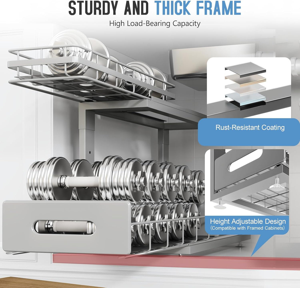 Upgrade To Professional Rails,2-Tier Dual Pull Out Cabinet Storage,Height Adjustable Slide Out Drawers For Bathroom Kitchen,2 Pack-14.5" Dx12.8-16.9" H,White