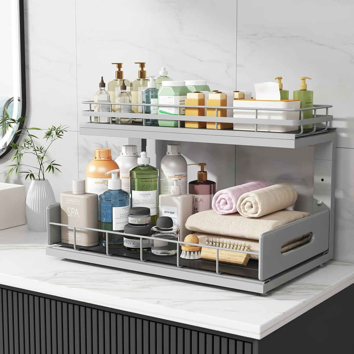 Upgrade To Professional Rails,2-Tier Dual Pull Out Cabinet Storage,Height Adjustable Slide Out Drawers For Bathroom Kitchen,2 Pack-14.5" Dx12.8-16.9" H,White