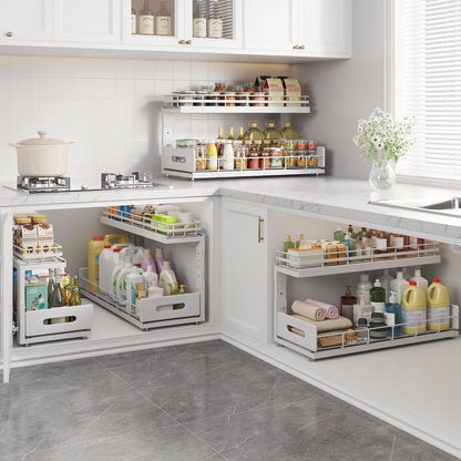 Upgrade To Professional Rails,2-Tier Dual Pull Out Cabinet Storage,Height Adjustable Slide Out Drawers For Bathroom Kitchen,2 Pack-14.5" Dx12.8-16.9" H,White