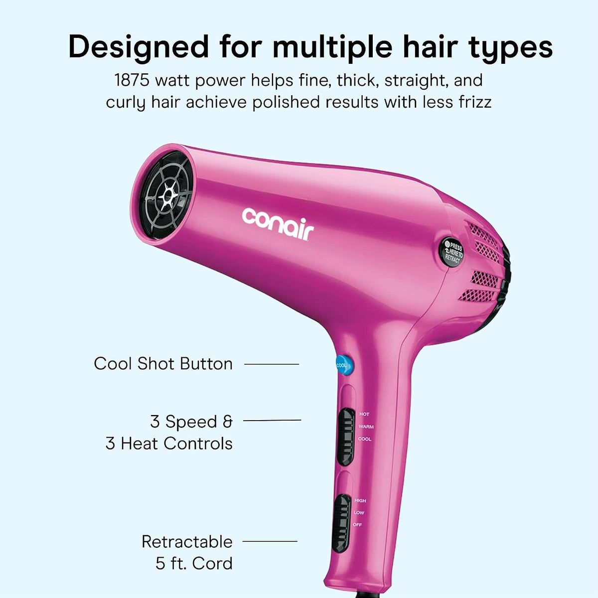 Hair Dryer with Diffuser & Concentrator, 1875W, Matte Light Pink