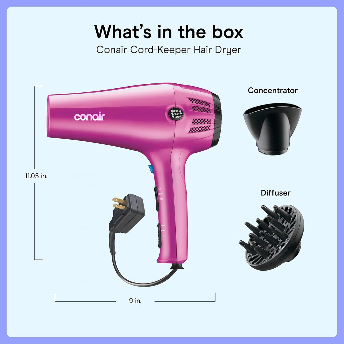 Hair Dryer with Diffuser & Concentrator, 1875W, Matte Light Pink