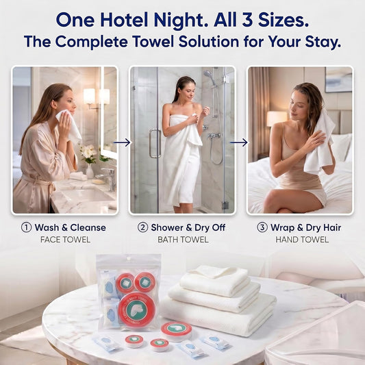 7-Pack Lightweight Disposable Compressed Travel Towel Set, 3 Sizes | 1-day kit: 1 bath-size body, 2 hand & 4 face towels; 90gsm non-terry material, individually wrapped for travel.