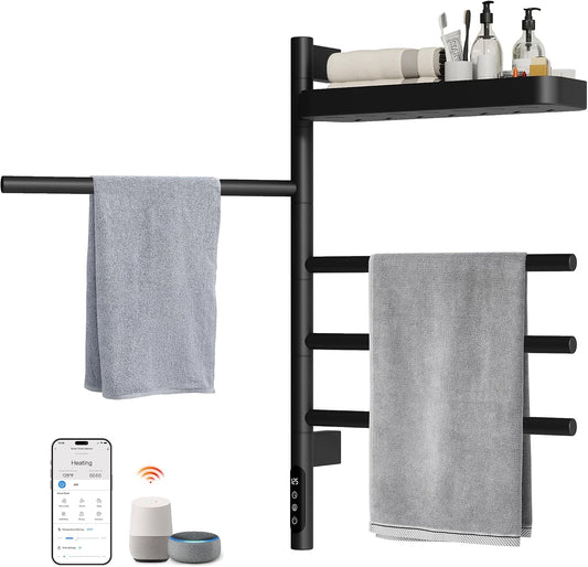 Smart Rotating Heated Towel Rack, 4-Bar, Gray | Wall-Mounted Electric Towel Warmer Rack, Swivel Shelf, Wi-Fi App Control, 24H Timer, Stainless Steel