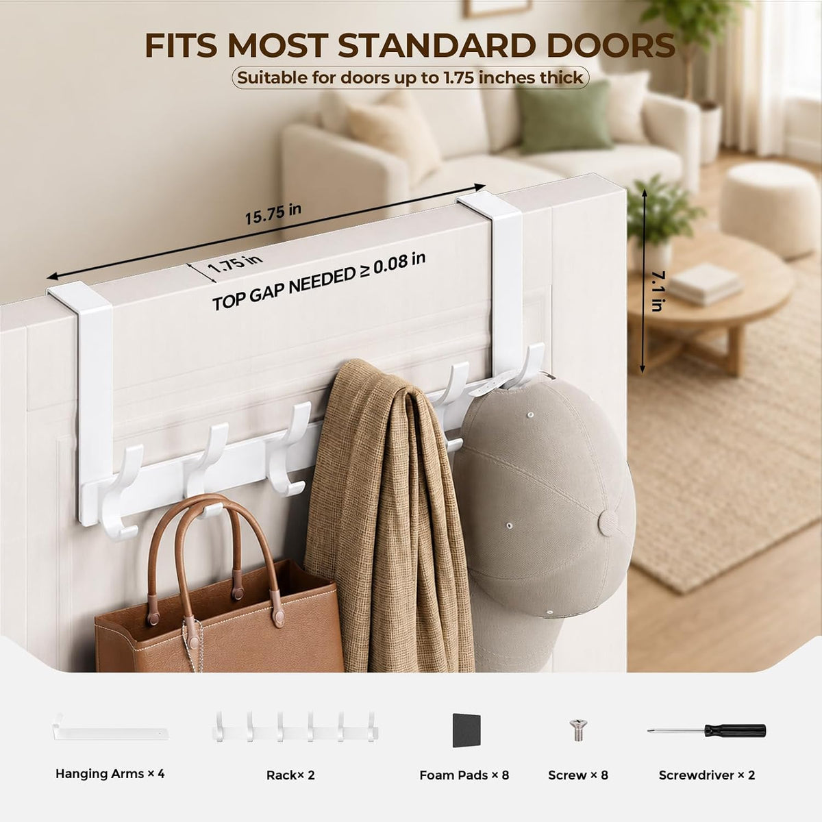 Over The Door Hooks, Door Hanger Hooks for Hanging, Over The Doors Towel Racks for Bathroom with 12 Coat Hook, Coat Rack Bathroom Accessories（White）