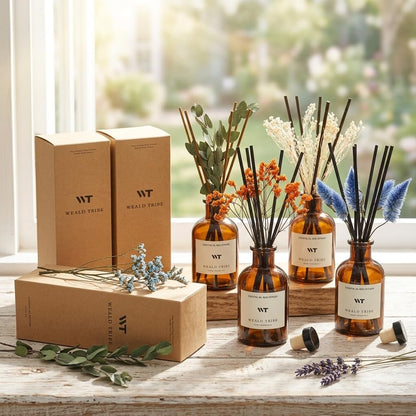 Flower Reed Diffuser Set Eucalyptus & Lavender Scent for Room Bathroom Accessories Shelf Decor & Air Fresheners, Sticks Defusers with 4.0 fl oz Home Fragrance Oils, Office Gift