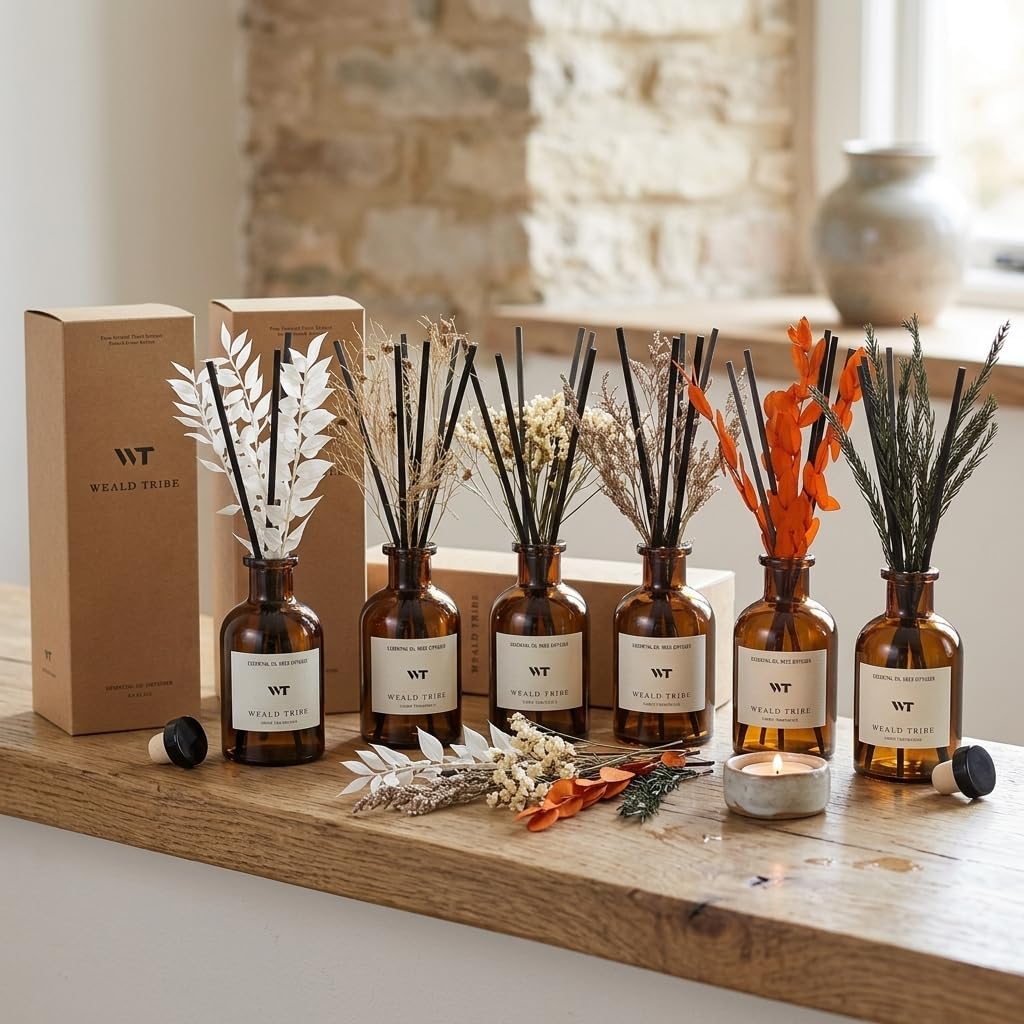 Flower Reed Diffuser Set Eucalyptus & Lavender Scent for Room Bathroom Accessories Shelf Decor & Air Fresheners, Sticks Defusers with 4.0 fl oz Home Fragrance Oils, Office Gift