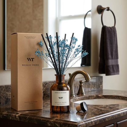 Flower Reed Diffuser Set Eucalyptus & Lavender Scent for Room Bathroom Accessories Shelf Decor & Air Fresheners, Sticks Defusers with 4.0 fl oz Home Fragrance Oils, Office Gift