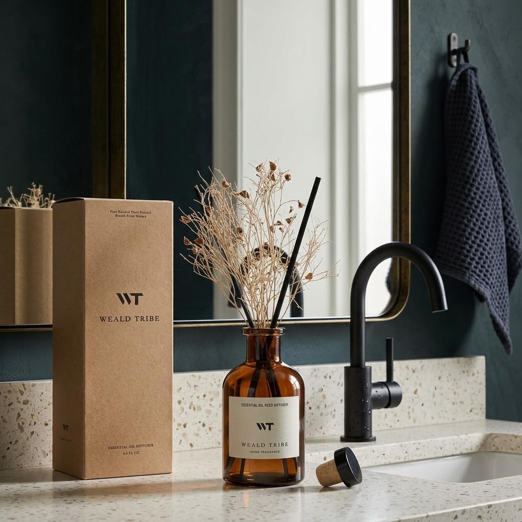 Flower Reed Diffuser Set Eucalyptus & Lavender Scent for Room Bathroom Accessories Shelf Decor & Air Fresheners, Sticks Defusers with 4.0 fl oz Home Fragrance Oils, Office Gift