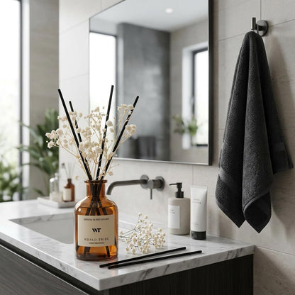 Flower Reed Diffuser Set Eucalyptus & Lavender Scent for Room Bathroom Accessories Shelf Decor & Air Fresheners, Sticks Defusers with 4.0 fl oz Home Fragrance Oils, Office Gift