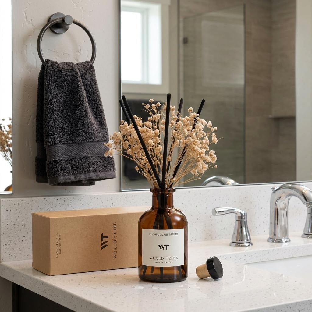 Flower Reed Diffuser Set Eucalyptus & Lavender Scent for Room Bathroom Accessories Shelf Decor & Air Fresheners, Sticks Defusers with 4.0 fl oz Home Fragrance Oils, Office Gift