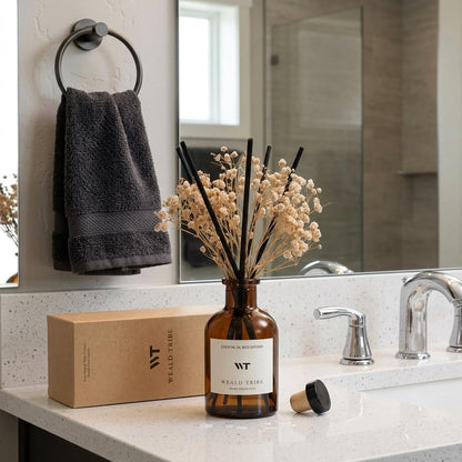 Flower Reed Diffuser Set Eucalyptus & Lavender Scent for Room Bathroom Accessories Shelf Decor & Air Fresheners, Sticks Defusers with 4.0 fl oz Home Fragrance Oils, Office Gift