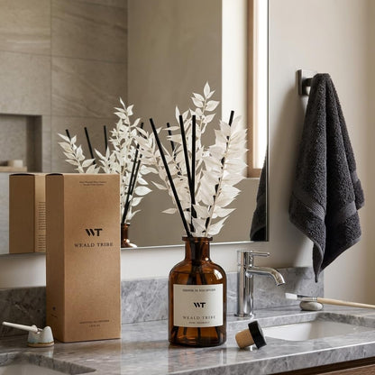 Flower Reed Diffuser Set Eucalyptus & Lavender Scent for Room Bathroom Accessories Shelf Decor & Air Fresheners, Sticks Defusers with 4.0 fl oz Home Fragrance Oils, Office Gift