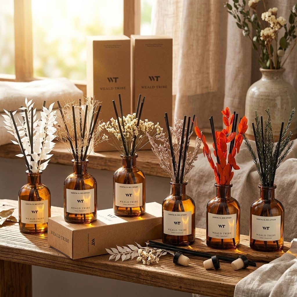 Flower Reed Diffuser Set Eucalyptus & Lavender Scent for Room Bathroom Accessories Shelf Decor & Air Fresheners, Sticks Defusers with 4.0 fl oz Home Fragrance Oils, Office Gift