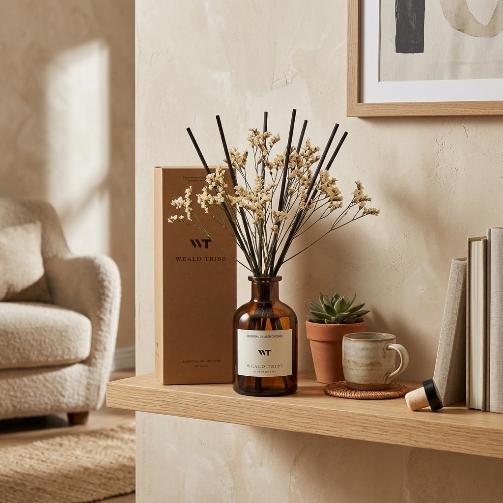 Flower Reed Diffuser Set Eucalyptus & Lavender Scent for Room Bathroom Accessories Shelf Decor & Air Fresheners, Sticks Defusers with 4.0 fl oz Home Fragrance Oils, Office Gift