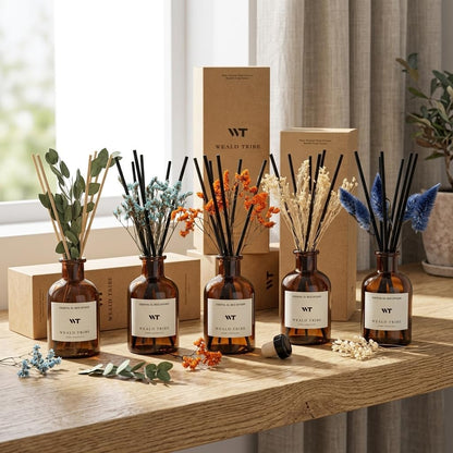Flower Reed Diffuser Set Eucalyptus & Lavender Scent for Room Bathroom Accessories Shelf Decor & Air Fresheners, Sticks Defusers with 4.0 fl oz Home Fragrance Oils, Office Gift
