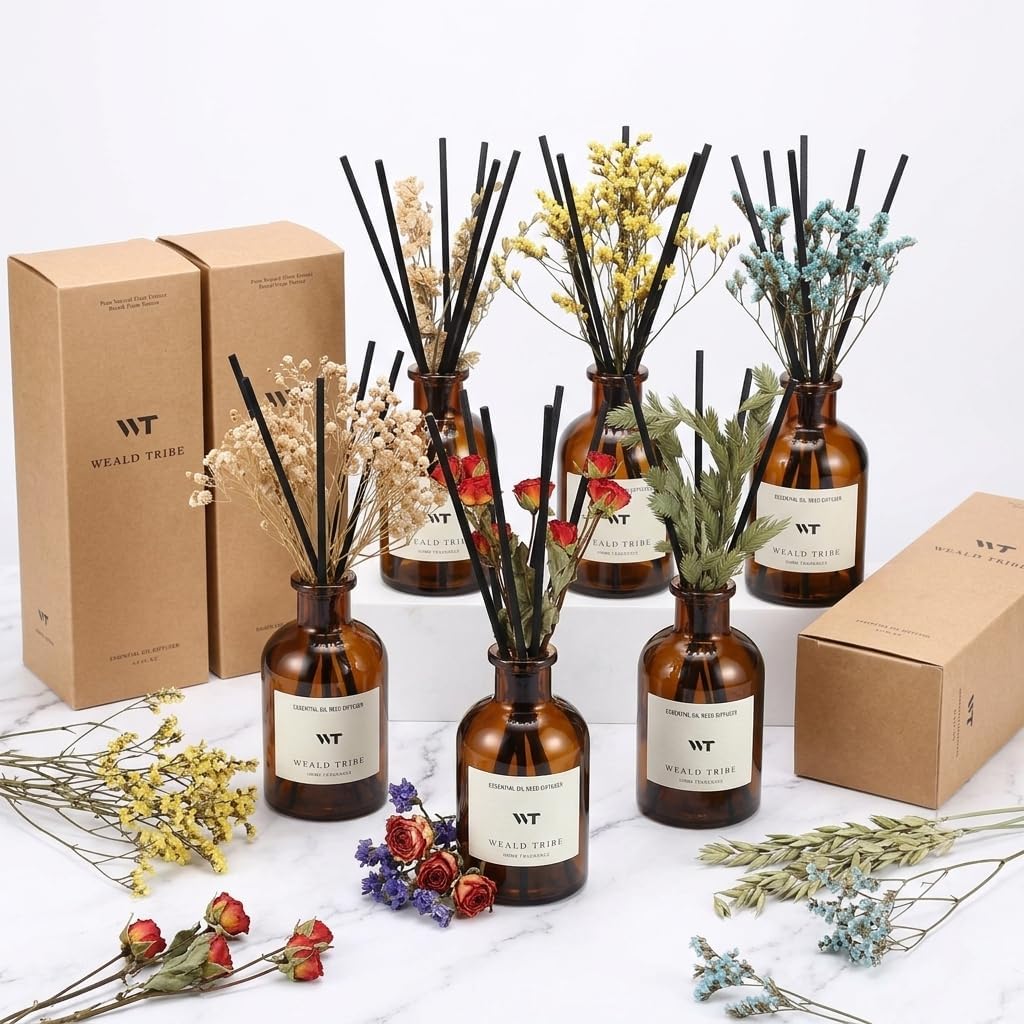 Flower Reed Diffuser Set Eucalyptus & Lavender Scent for Room Bathroom Accessories Shelf Decor & Air Fresheners, Sticks Defusers with 4.0 fl oz Home Fragrance Oils, Office Gift