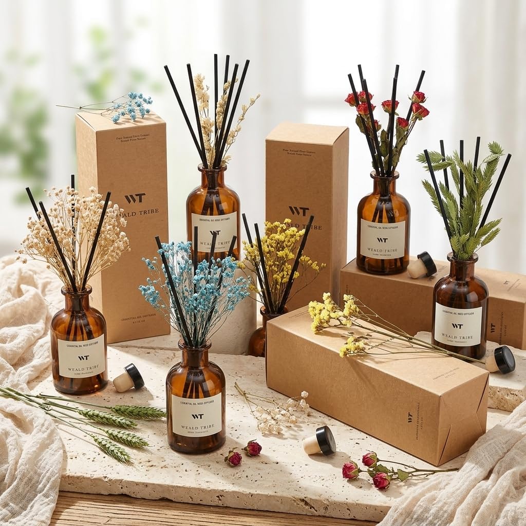 Flower Reed Diffuser Set Eucalyptus & Lavender Scent for Room Bathroom Accessories Shelf Decor & Air Fresheners, Sticks Defusers with 4.0 fl oz Home Fragrance Oils, Office Gift
