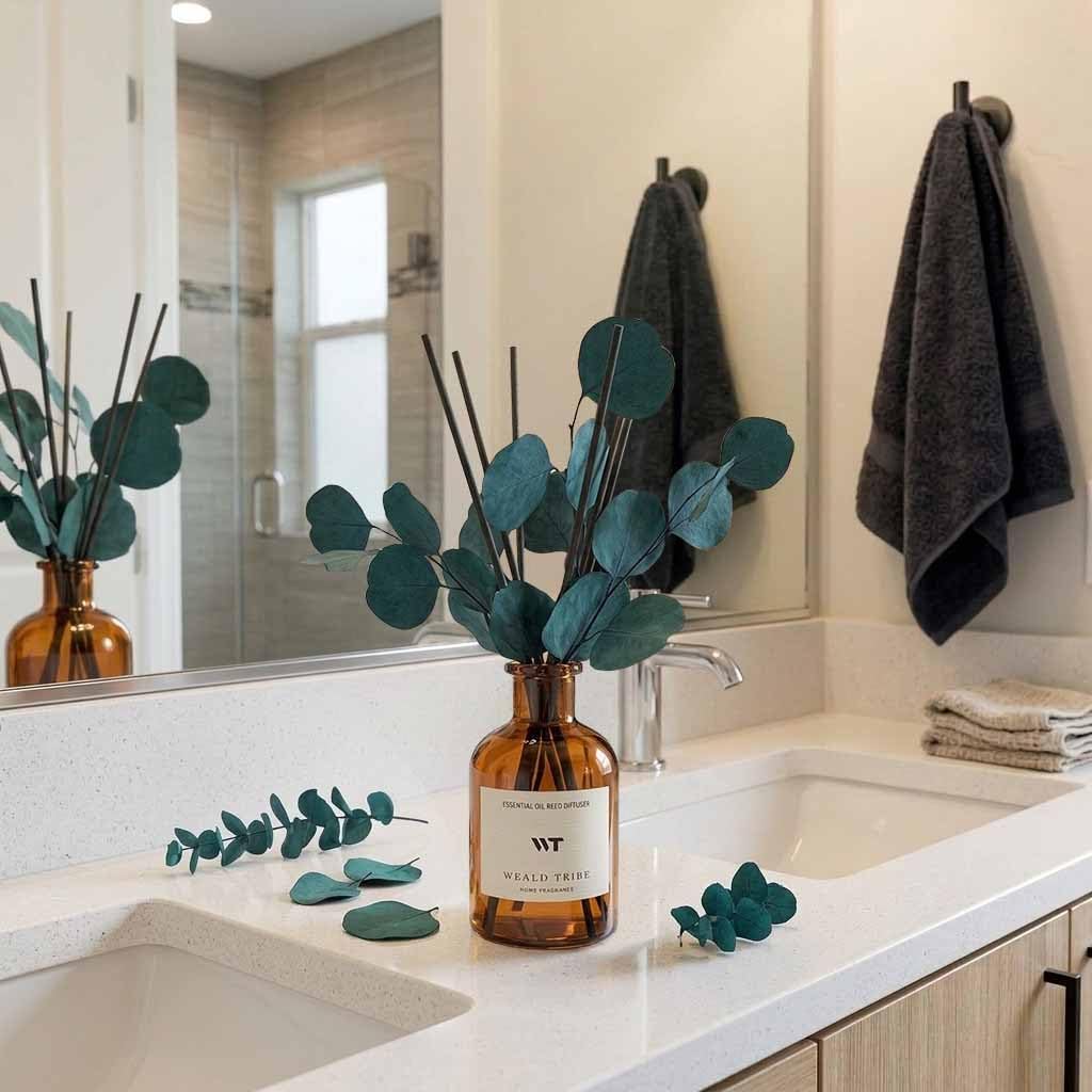 Flower Reed Diffuser Set Eucalyptus & Lavender Scent for Room Bathroom Accessories Shelf Decor & Air Fresheners, Sticks Defusers with 4.0 fl oz Home Fragrance Oils, Office Gift