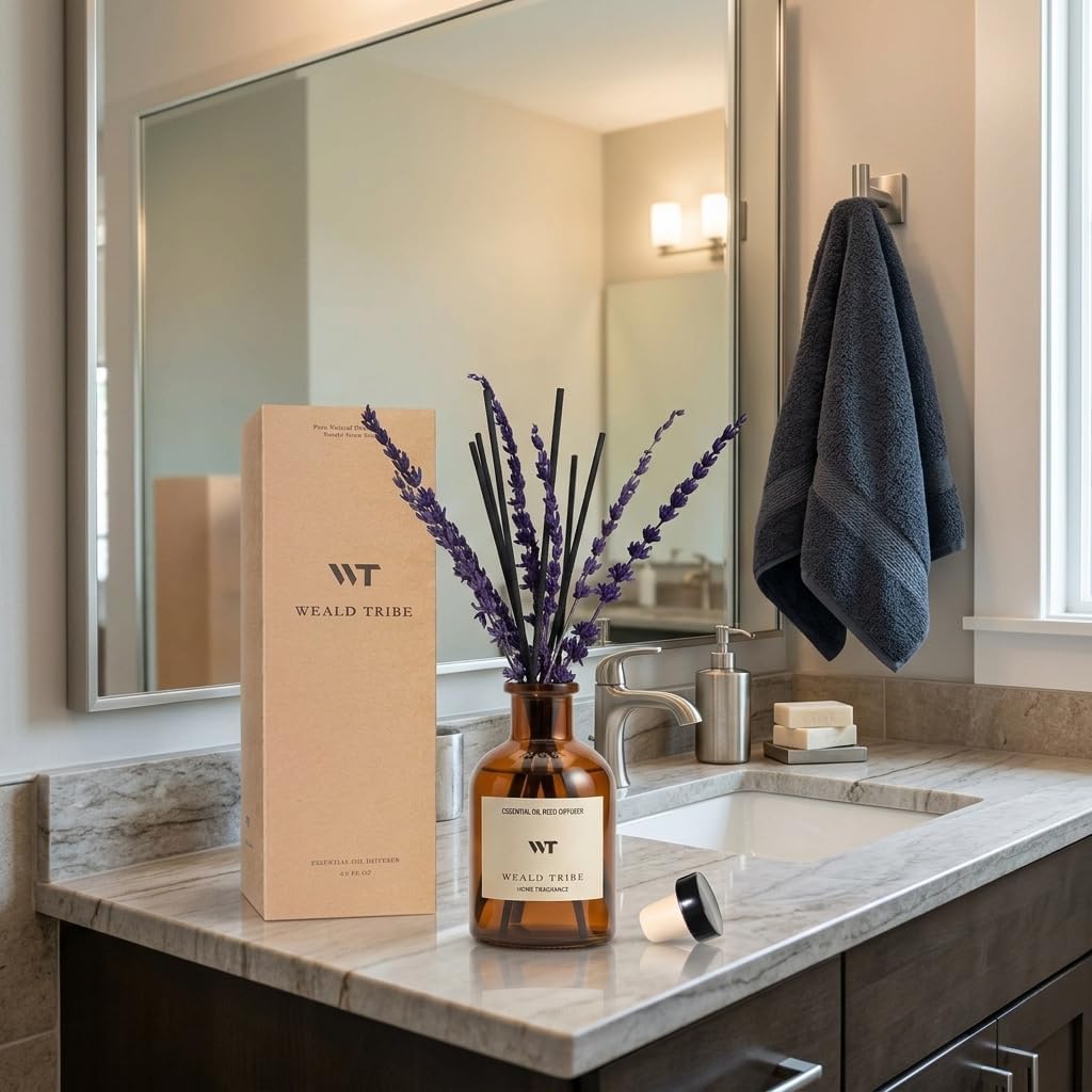 Flower Reed Diffuser Set Eucalyptus & Lavender Scent for Room Bathroom Accessories Shelf Decor & Air Fresheners, Sticks Defusers with 4.0 fl oz Home Fragrance Oils, Office Gift