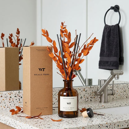 Flower Reed Diffuser Set Eucalyptus & Lavender Scent for Room Bathroom Accessories Shelf Decor & Air Fresheners, Sticks Defusers with 4.0 fl oz Home Fragrance Oils, Office Gift