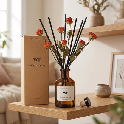 Flower Reed Diffuser Set Eucalyptus & Lavender Scent for Room Bathroom Accessories Shelf Decor & Air Fresheners, Sticks Defusers with 4.0 fl oz Home Fragrance Oils, Office Gift