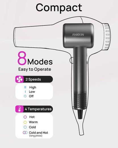 Hair Dryer, High-Speed Ionic Low Noise Blow Dryer with Brushless Motor for Fast Drying, Thermo-Control Quiet Compact Hair Blow Dryer with Magnetic Diffuser for Curly Hair for Home Travel Salon
