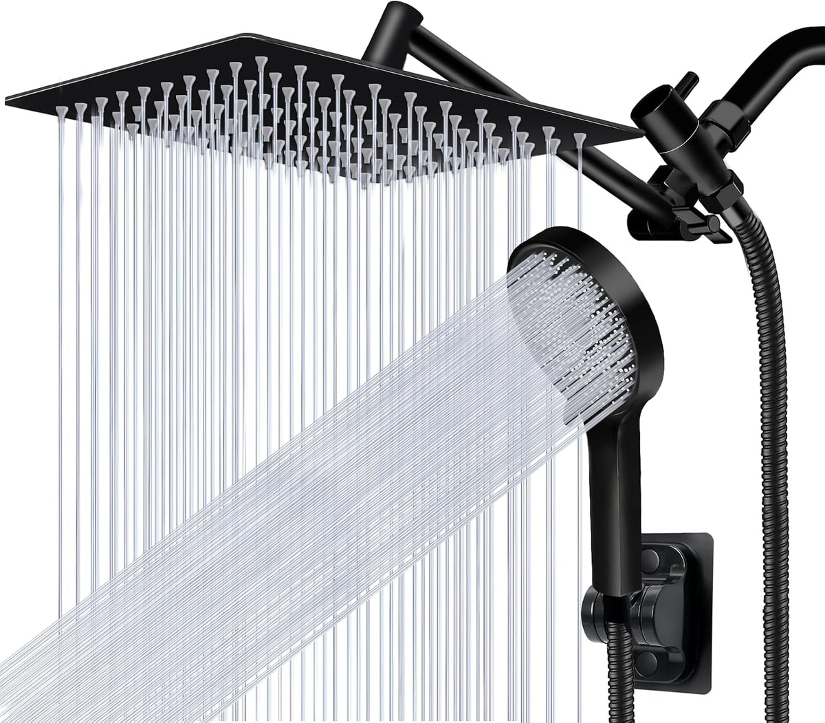 Shower Head, 8 inch Multifunction High Pressure Rain Shower Head with Handheld Spray Combo with 11'' Angle Adjustable Extension Arm/Flow Regulator/Shower System Matte Black