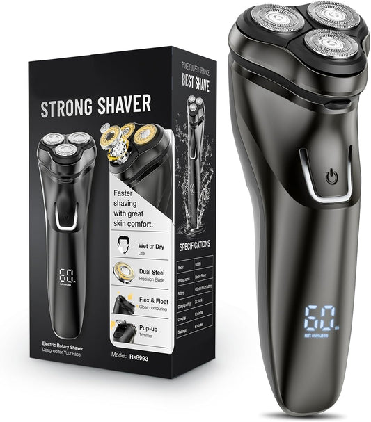 Electric Razor for Men Waterproof: 5D Floating Rotary Shaver for Travel Wet or Dry - 𝐒𝐞𝐧𝐬𝐢𝐭𝐢𝐯𝐞 𝐒𝐤𝐢𝐧 𝐂𝐚𝐫𝐞, USB Fast Charging, Stainless Steel Blades, Pop-up Trimmer Chic Black
