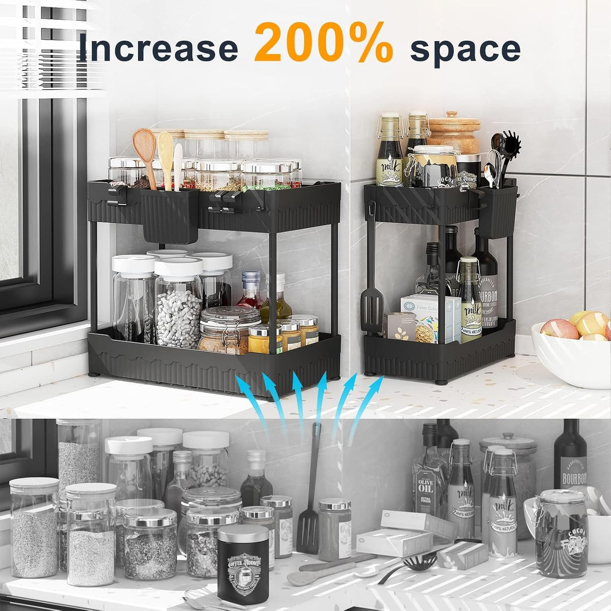2-Pack Under Sink Organizer with Hooks & Hanging Cup for Kitchen