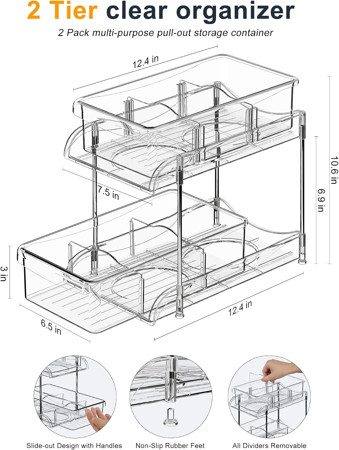 2-Pack Under Sink Organizer with Hooks & Hanging Cup for Kitchen