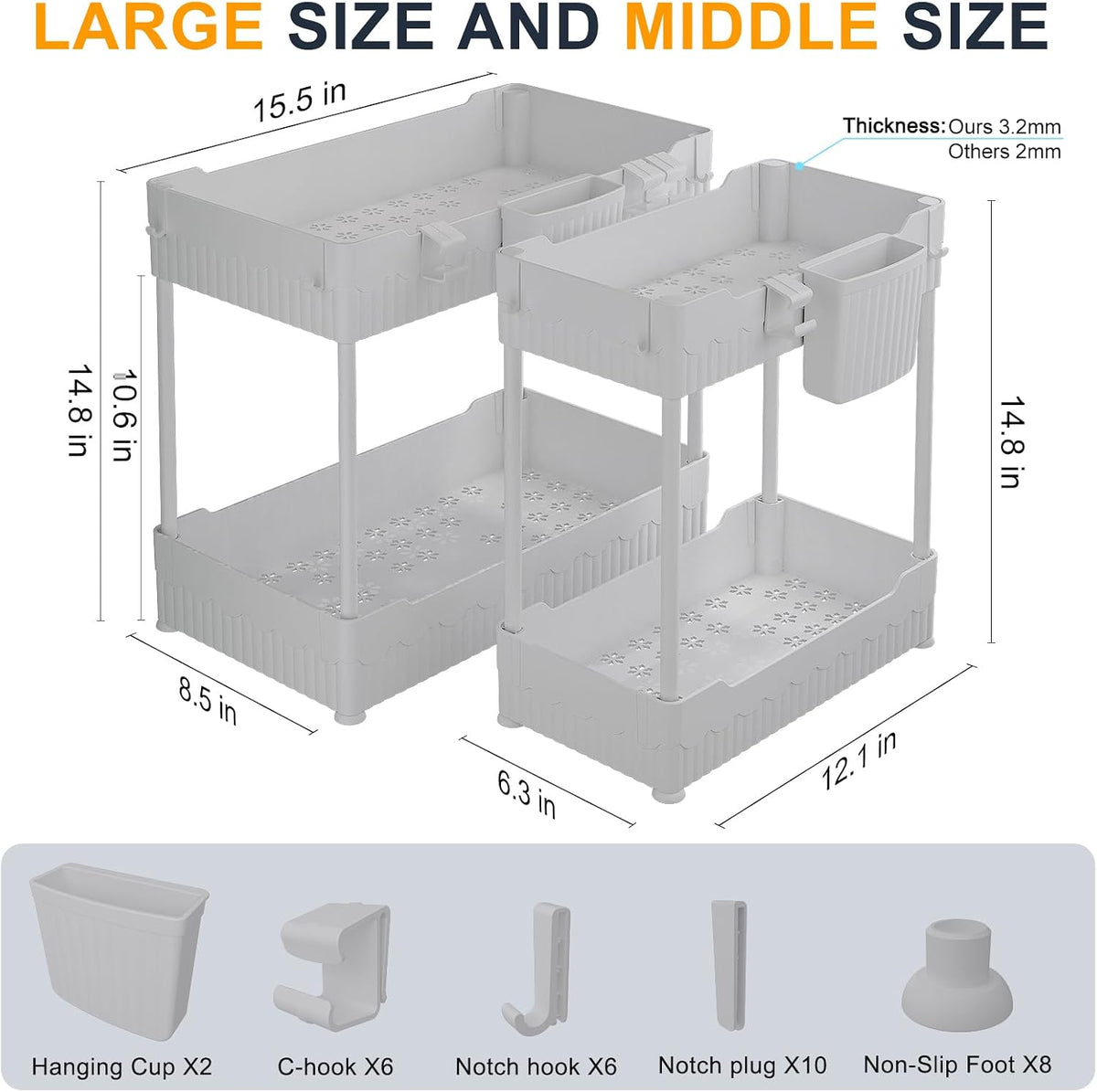 2-Pack Under Sink Organizer with Hooks & Hanging Cup for Kitchen