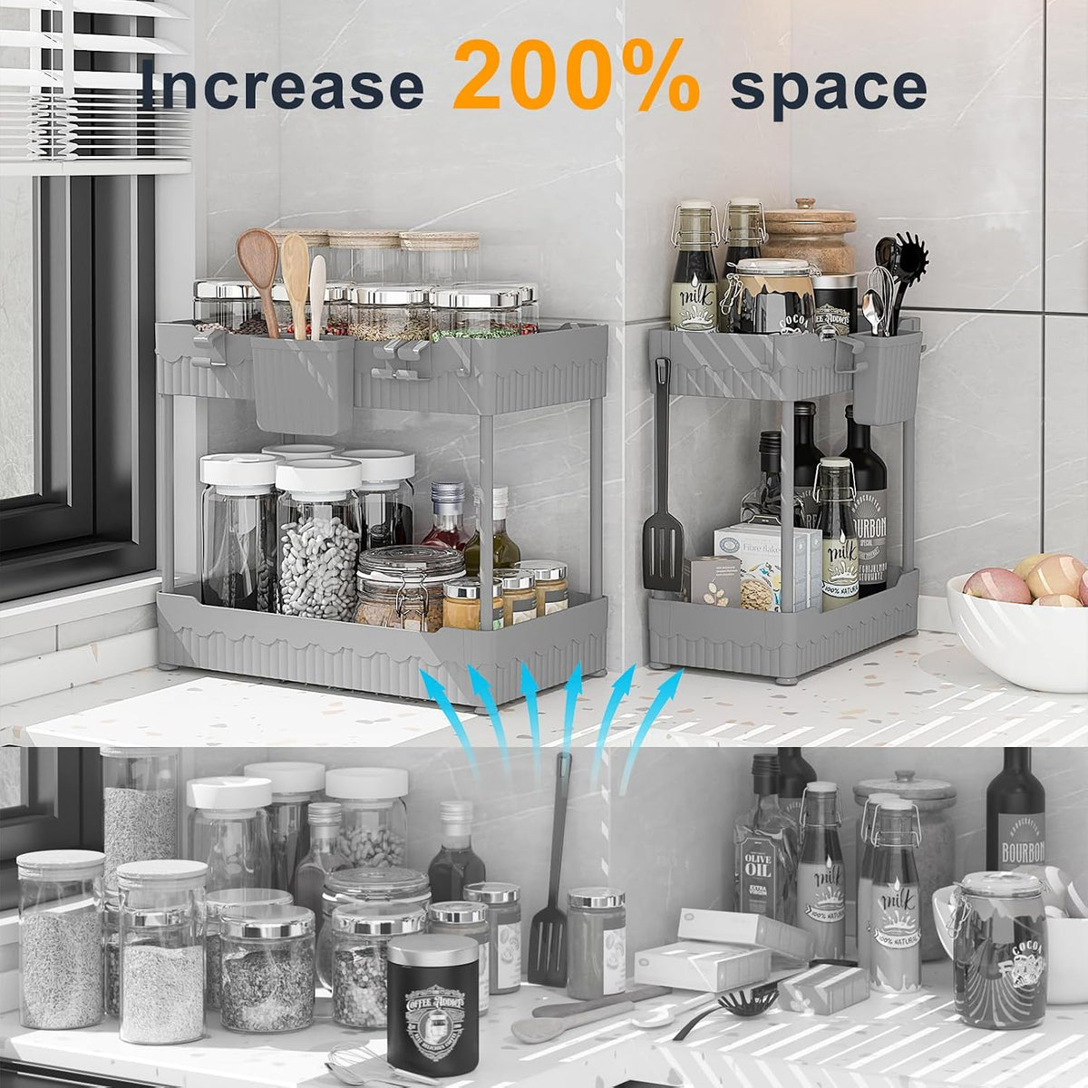 2-Pack Under Sink Organizer with Hooks & Hanging Cup for Kitchen