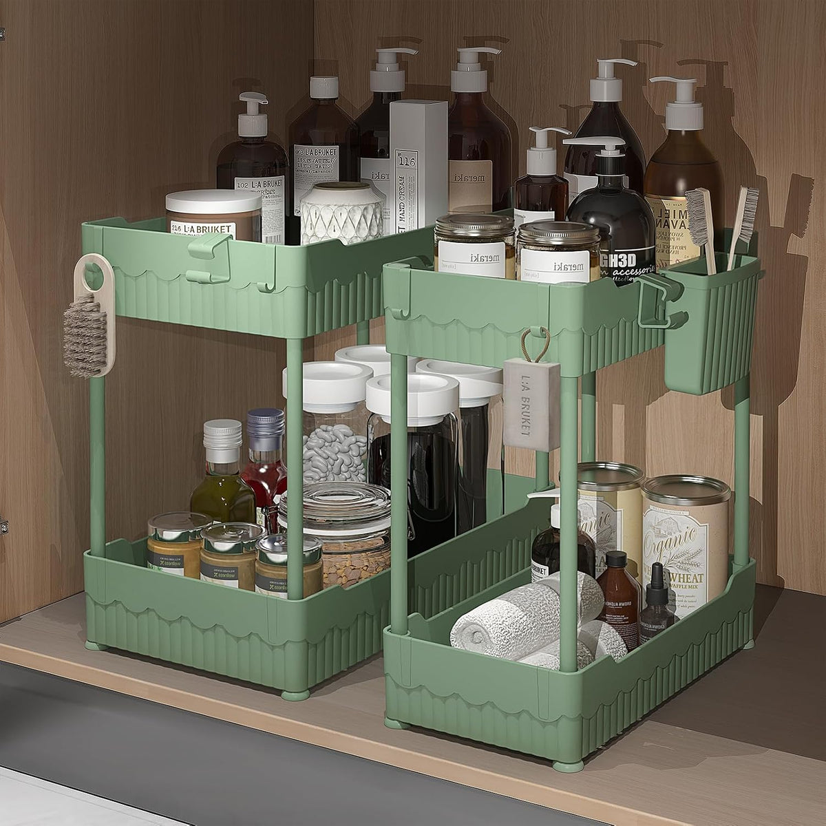 2-Pack Under Sink Organizer with Hooks & Hanging Cup for Kitchen