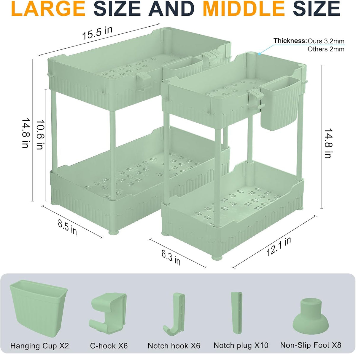2-Pack Under Sink Organizer with Hooks & Hanging Cup for Kitchen