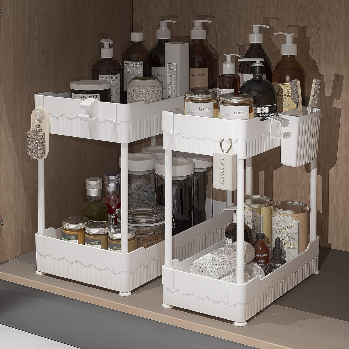 2-Pack Under Sink Organizer with Hooks & Hanging Cup for Kitchen