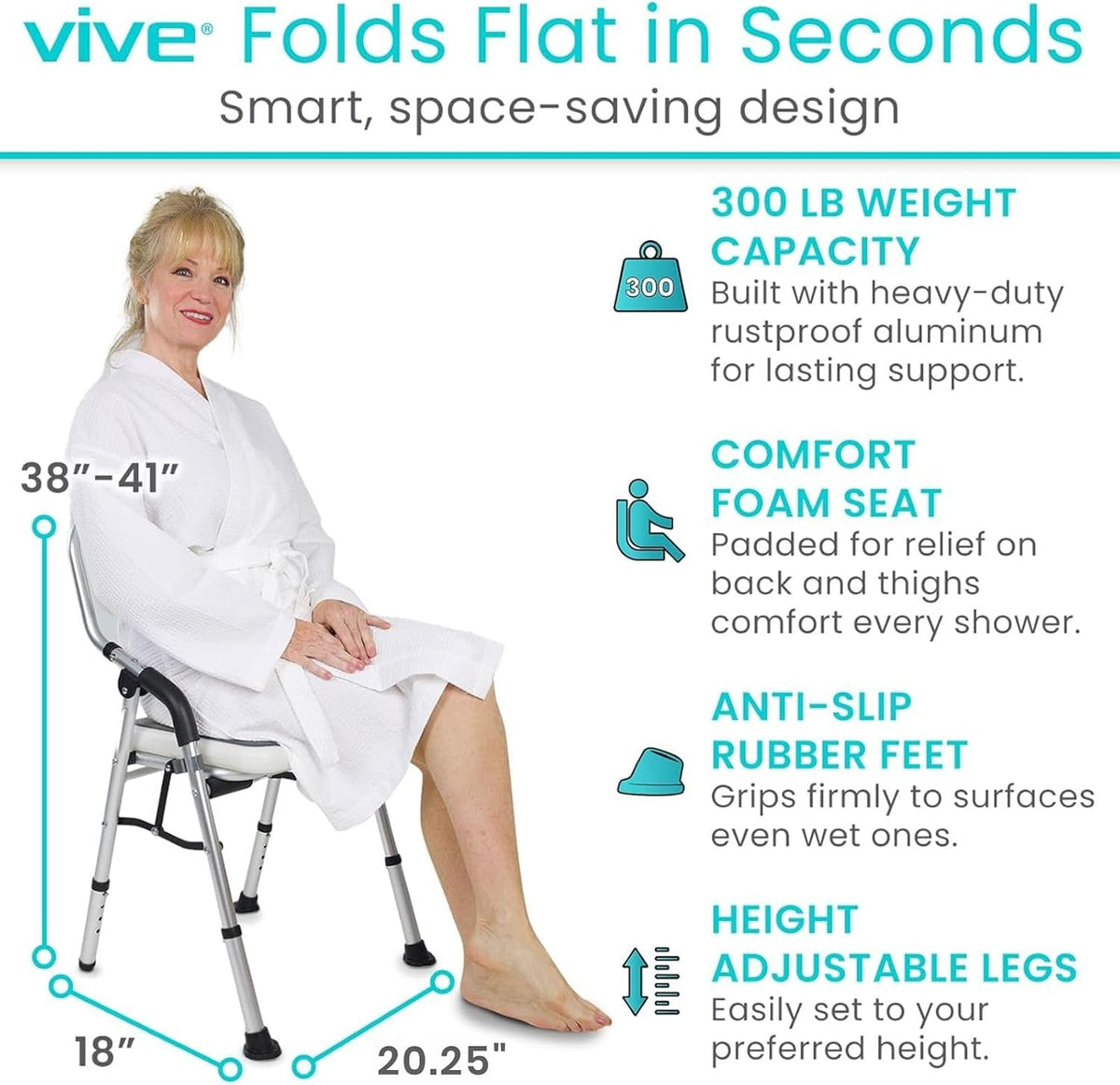 Shower Chair for Elderly and Disabled - Folding Seat with Arms and Back - Foldable Bathroom Chairs for Sitting, Inside Shower - Portable for Travel - Fold Down, Collapsible, Compact & Comfortable