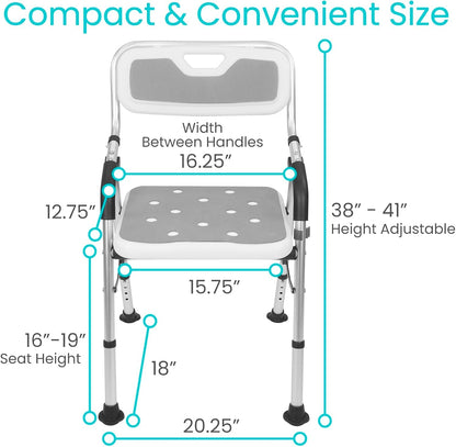 Shower Chair for Elderly and Disabled - Folding Seat with Arms and Back - Foldable Bathroom Chairs for Sitting, Inside Shower - Portable for Travel - Fold Down, Collapsible, Compact & Comfortable
