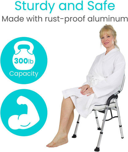 Shower Chair for Elderly and Disabled - Folding Seat with Arms and Back - Foldable Bathroom Chairs for Sitting, Inside Shower - Portable for Travel - Fold Down, Collapsible, Compact & Comfortable