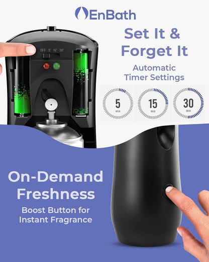 Automatic Air Freshener Spray Dispenser Black Wall Mounted or Free Standing Battery Operated Sprayer for Home or Commercial Use, 3 Auto Scent Release Time Settings for Room/Bathroom Freshness