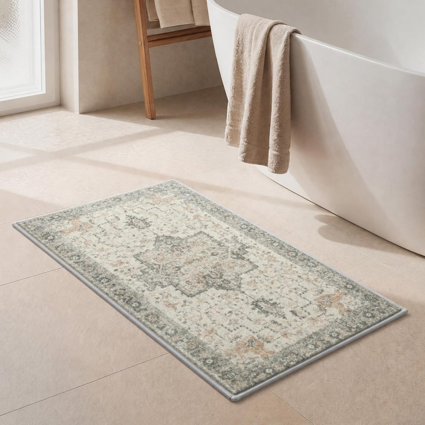 Soft Memory Foam Bath Mat 24"x17" Non Slip Washable,Sage Ivory
