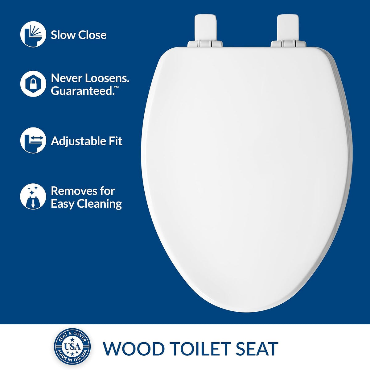 Ashland Modern Wood Toilet Seat with Decorative Edge, Slow Close, Secure Hinges, Made in USA, Elongated, White