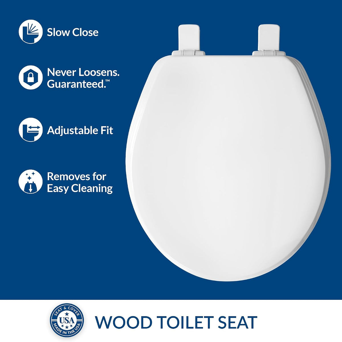 Ashland Modern Wood Toilet Seat with Decorative Edge, Slow Close, Secure Hinges, Made in USA, Elongated, White
