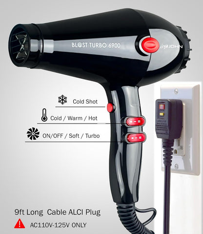 Hair Blow Dryer,Professional Salon Ionic 2200W,Blast Turbo 6900,Black