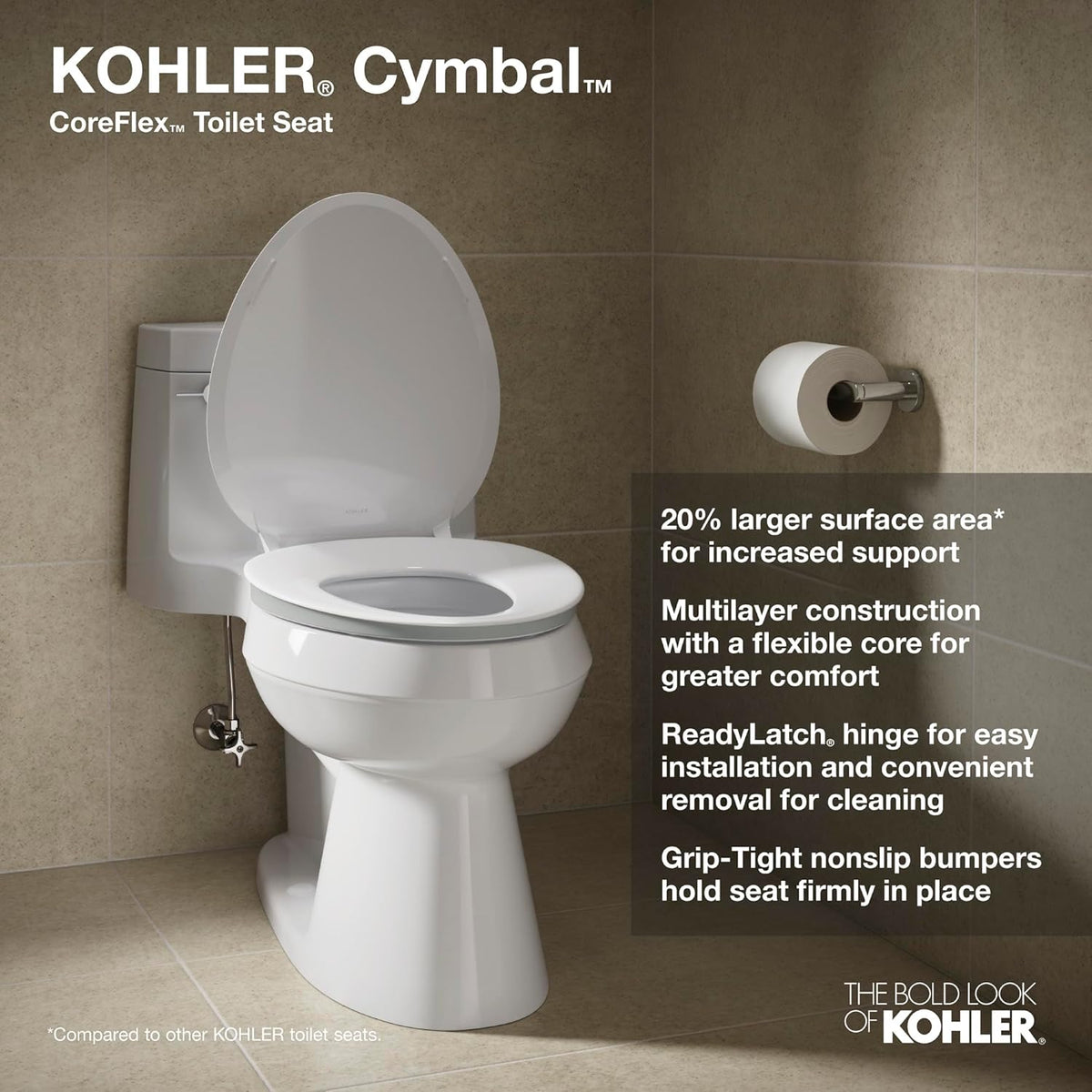 57777-WCF-0 Cymbal ReadyLatch Quiet-Close Soft Close Toilet Seat Elongated, Flexible CoreFlex Material, Wider Toilet Seat Surface, Home Essentials, White