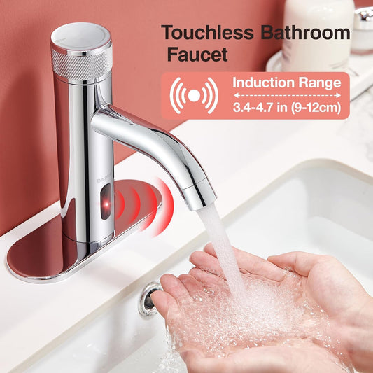 Touchless Bathroom Faucet with Automatic Sensor Function, Bathroom Sink Faucet with Hole Cover Plate, Countertop Temperature Adjustment, Chrome
