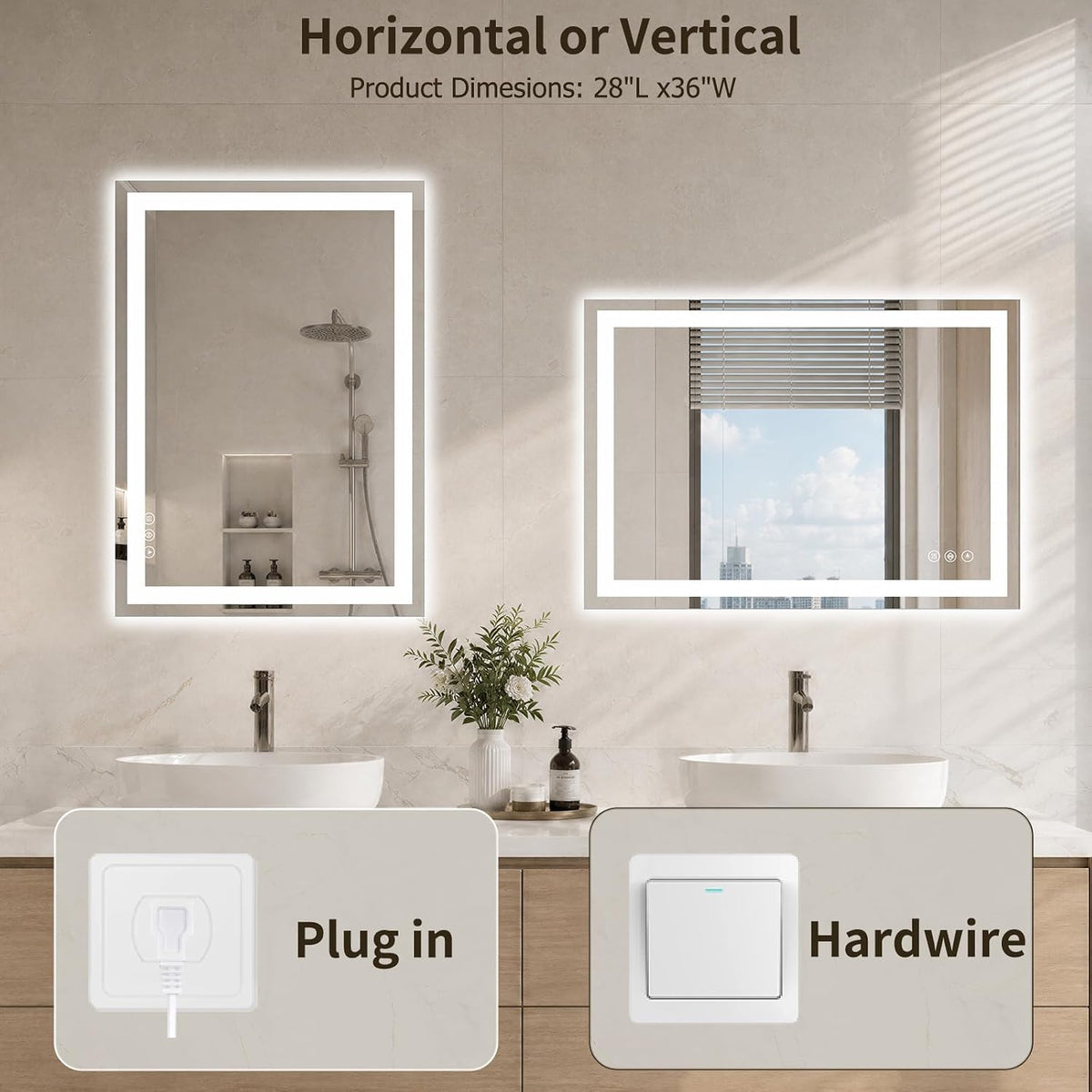 40"x30" LED Bathroom Mirror with Lights, Backlit+Frontlit, Anti-Fog - Colors B