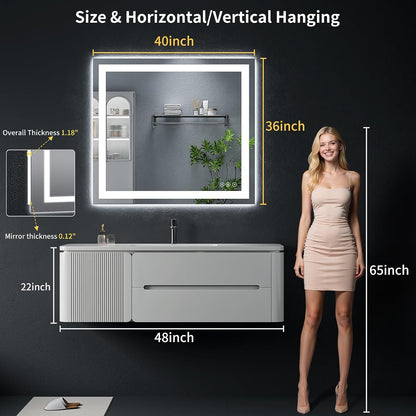 40"x30" LED Bathroom Mirror with Lights, Backlit+Frontlit, Anti-Fog - Colors B