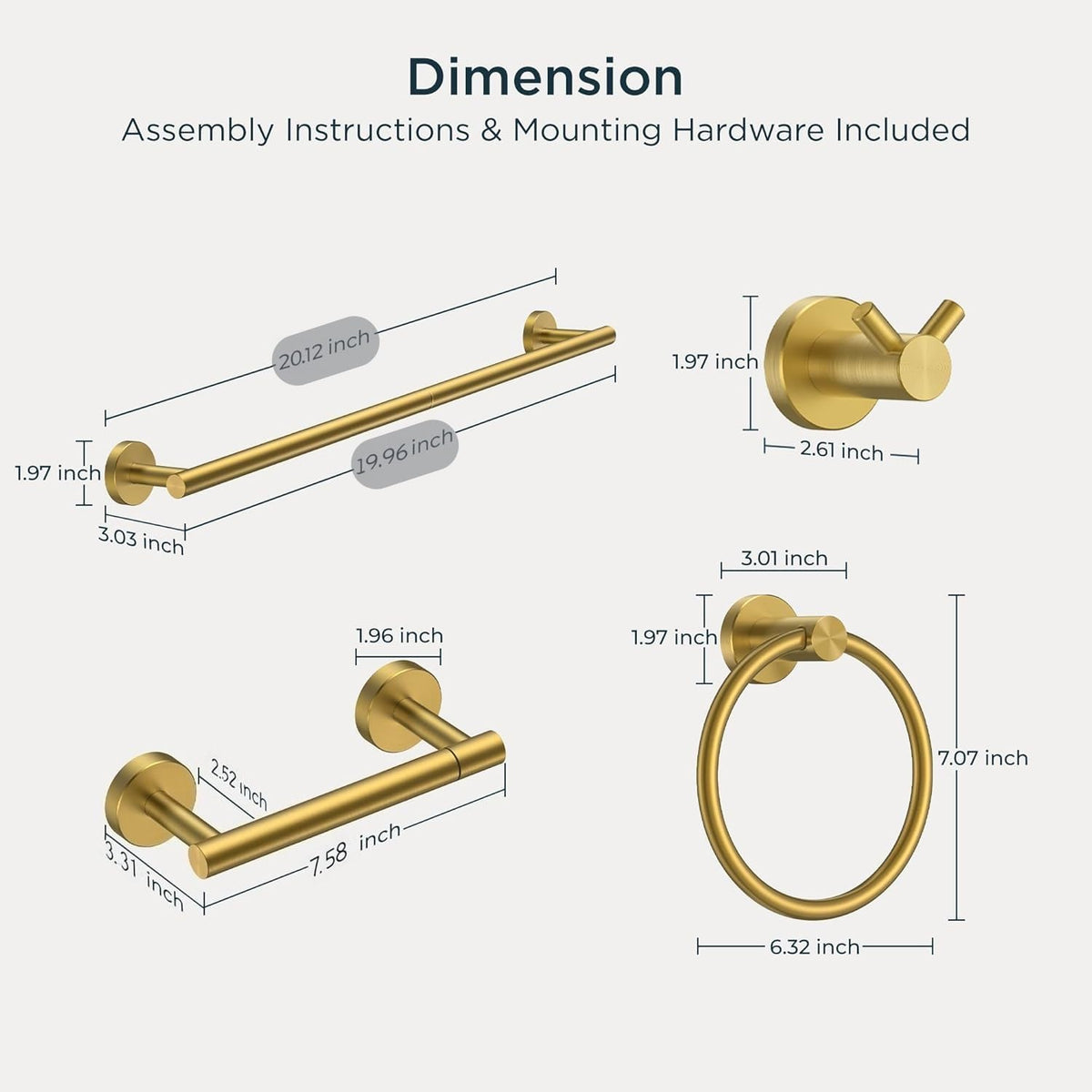 Bathroom Accessories, Bathroom Hardware Set - 24" Towel Bar | Brushed Nickel | Towel Hooks, Towel Racks for Bathroom, Toilet Paper Holder Wall Mounted, Towel Ring | SUS304 Stainless Steel
