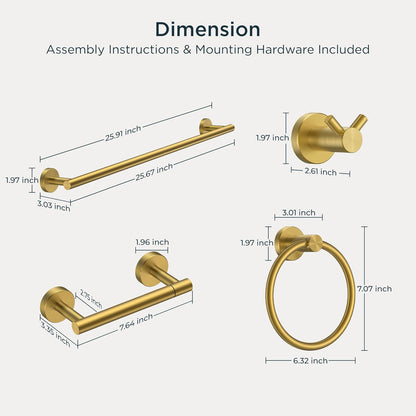 Bathroom Accessories, Bathroom Hardware Set - 24" Towel Bar | Brushed Nickel | Towel Hooks, Towel Racks for Bathroom, Toilet Paper Holder Wall Mounted, Towel Ring | SUS304 Stainless Steel